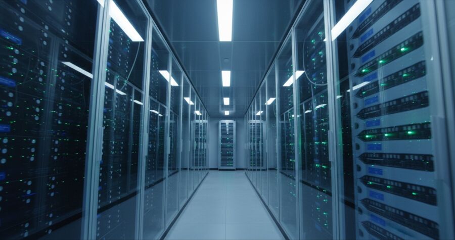 Gang met serverracks in een datacenter